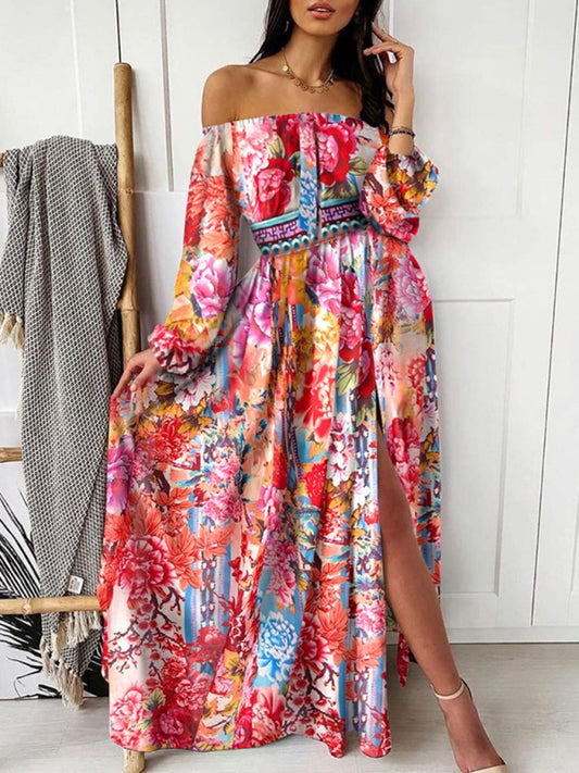 Boho Scarf Print Off-Shoulder Maxi Dress: Lantern Sleeves, Side Slit Maxi Dresses - Chuzko Women Clothing