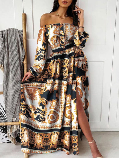 Boho Scarf Print Off-Shoulder Maxi Dress: Lantern Sleeves, Side Slit Maxi Dresses - Chuzko Women Clothing
