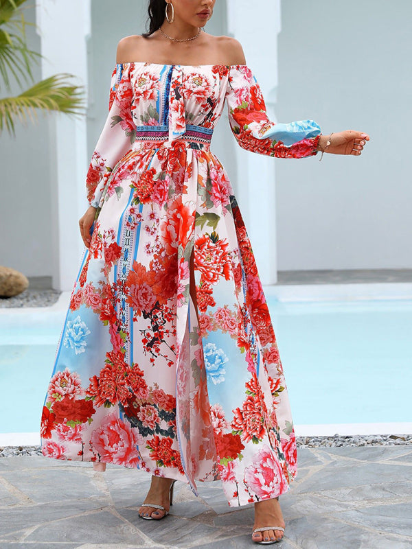 Boho Scarf Print Off-Shoulder Maxi Dress: Lantern Sleeves, Side Slit Maxi Dresses - Chuzko Women Clothing