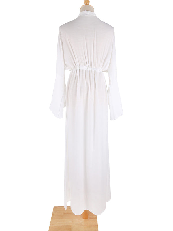 Boho Casual Bell Sleeve Plunge Maxi Dress Dress - Chuzko Women Clothing