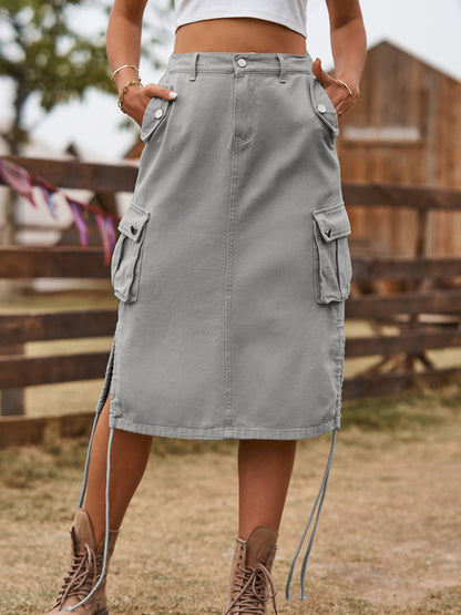 Vintage Jean Denim Cargo Midi Skirt for Women Skirt - Chuzko Women Clothing