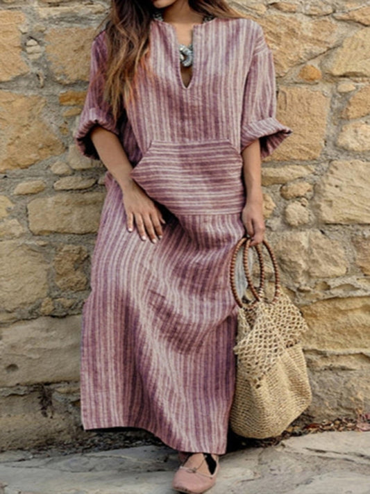 Solid Cotton Yarn-Dyed Striped Tunic Dress Dress - Chuzko Women Clothing