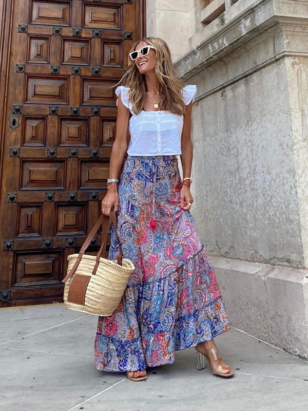 Boho-Chic Vintage Skirt with Tropical Print and Tiered Ruffles Skirt - Chuzko Women Clothing