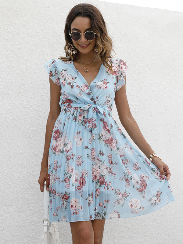 Floral A-Line Pleated Belted Flared Dress Dress - Chuzko Women Clothing