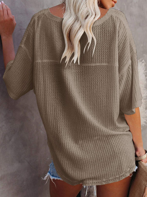 Women's Waffle Knitted T-shirt - Short Sleeve V-neck Cotton Top T-Shirts - Chuzko Women Clothing