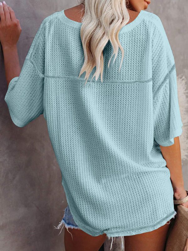 Women's Waffle Knitted T-shirt - Short Sleeve V-neck Cotton Top T-Shirts - Chuzko Women Clothing