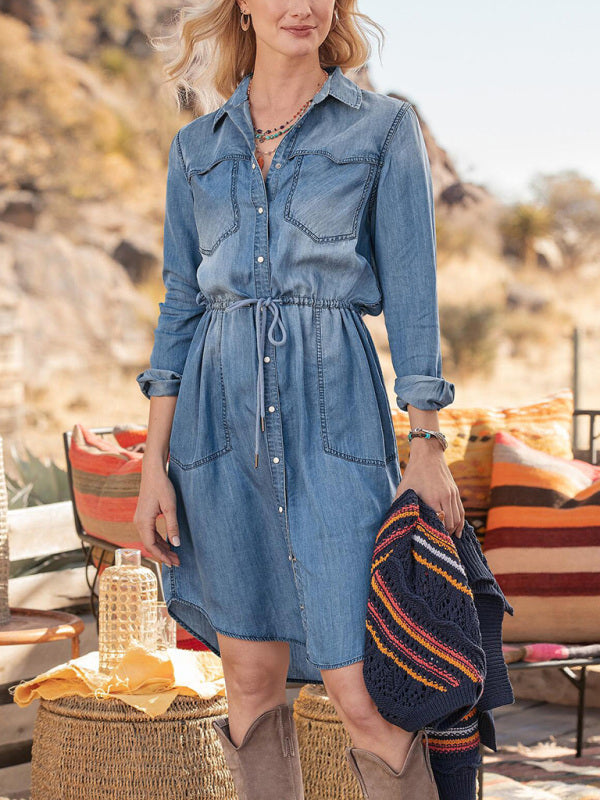 Retro Chic Women's Casual Denim Cotton Shirt Chambray Off-White Dress Dress - Chuzko Women Clothing