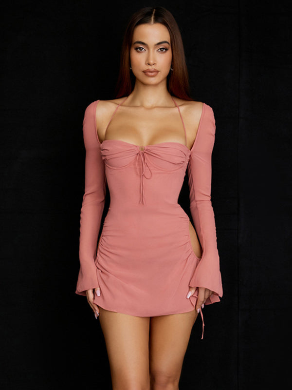 Sexy Mini Dress with Deep Neckline and Bell Sleeves Dress - Chuzko Women Clothing