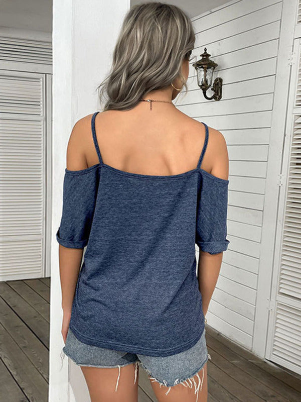 Casual Women's Spaghetti Strap T-Shirt with Cold Shoulder and Open Back Top - Chuzko Women Clothing