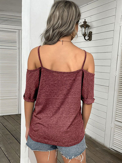 Casual Women's Spaghetti Strap T-Shirt with Cold Shoulder and Open Back Top - Chuzko Women Clothing