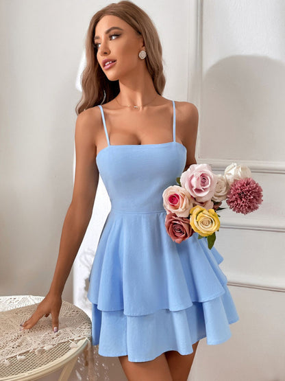 Solid Summer Layered Bow Back Cami Mini Dress Dress - Chuzko Women Clothing