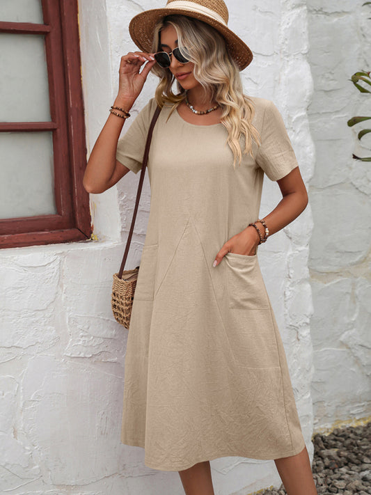 Round Neck Cotton Linen Midi Dress with Pockets Midi Dresses - Chuzko Women Clothing
