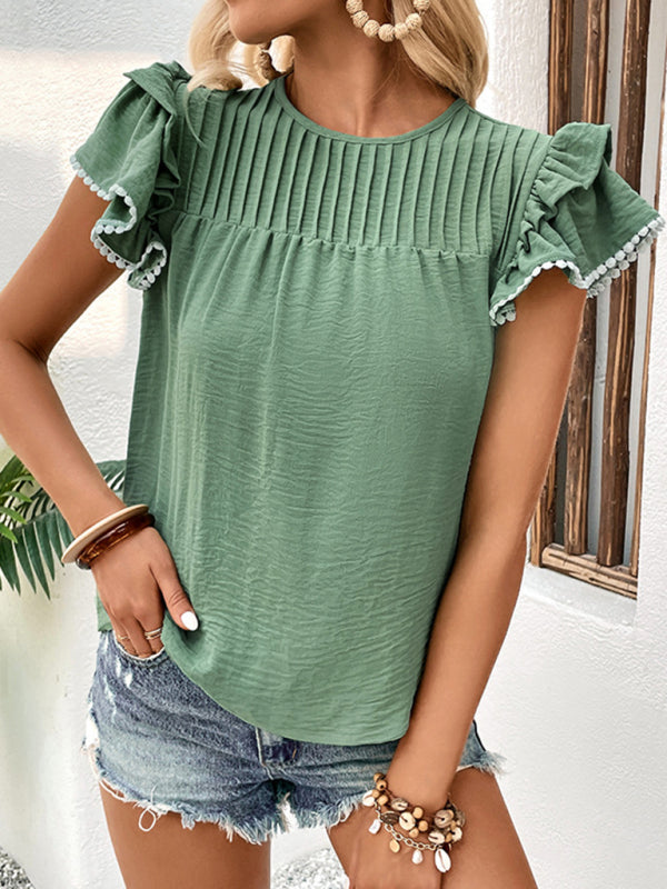 Playful Elegance: Women's Ruffle Sleeve T-shirt Blouse with Pom Pom Top - Chuzko Women Clothing