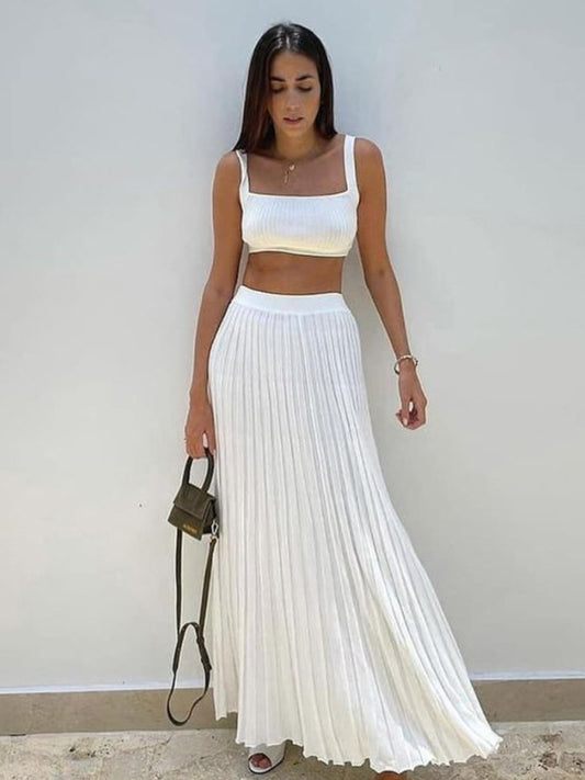 Solid Pleated Vacation Maxi Skirt & Cami Crop Top Casual Set - Chuzko Women Clothing