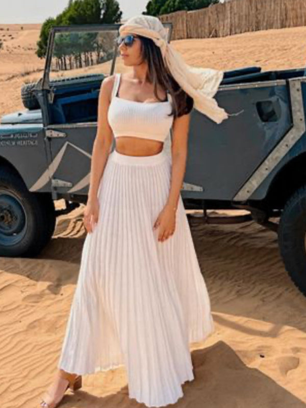 Solid Pleated Vacation Maxi Skirt & Cami Crop Top Casual Set - Chuzko Women Clothing