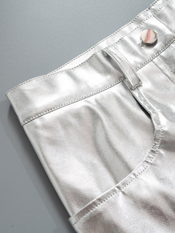 Metallic Silver High Rise Trousers - Women's Sparkly Pants Trousers - Chuzko Women Clothing