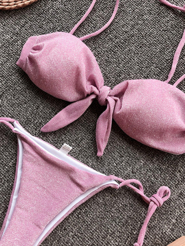 2 Piece Bikini Set with Glittery Fabric and Sacred Bow Detail! Swimwear - Chuzko Women Clothing
