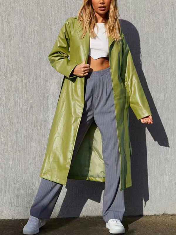 Faux Leather Long Coat: Open Front, Bowknot Back, Pockets Coats - Chuzko Women Clothing