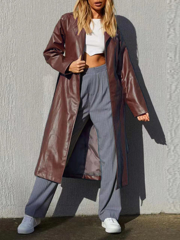 Faux Leather Long Coat: Open Front, Bowknot Back, Pockets Coats - Chuzko Women Clothing