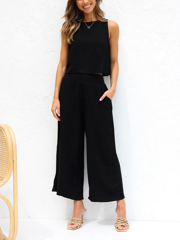 Cotton-Linen 2-Piece Vest + Trousers for a Relaxed Vacation Look Casual Set (Crop Top + Trousers) - Chuzko Women Clothing