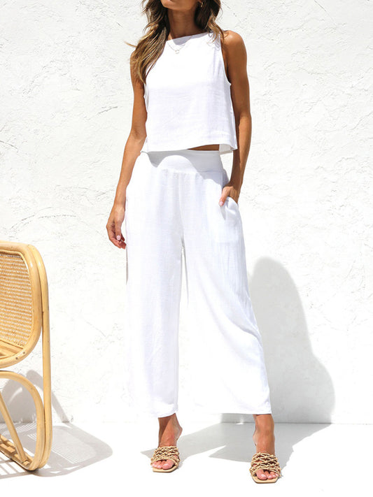 Cotton-Linen 2-Piece Vest + Trousers for a Relaxed Vacation Look Casual Set (Crop Top + Trousers) - Chuzko Women Clothing