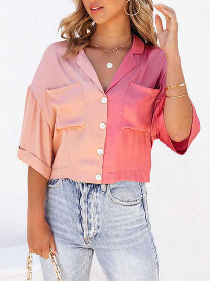 Chic & Modern: Women's Button Down Collared Crop Shirt - Patch Pockets Shirts - Chuzko Women Clothing