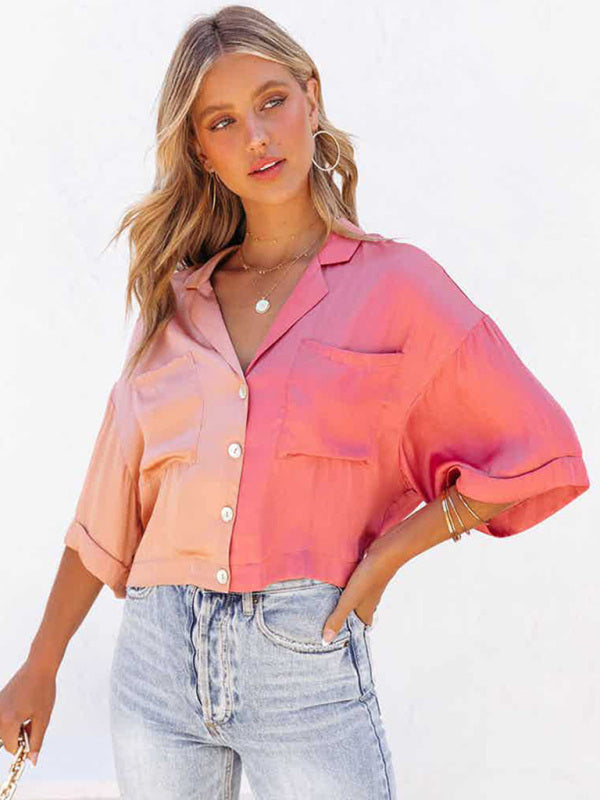 Chic & Modern: Women's Button Down Collared Crop Shirt - Patch Pockets Shirts - Chuzko Women Clothing