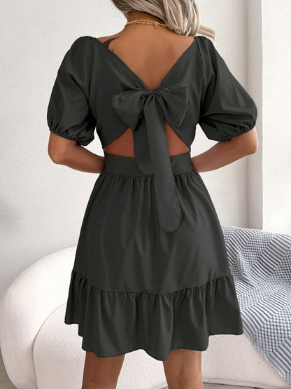 Flirty Square Neck Ruffle Backless Mini Dress: Casual Elegance Mini Dresses - Chuzko Women Clothing
