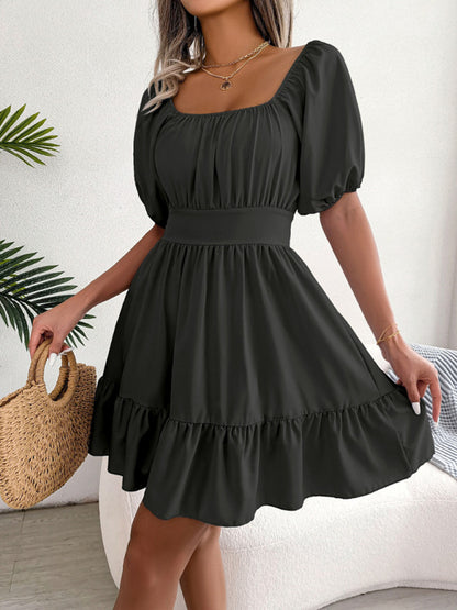 Flirty Square Neck Ruffle Backless Mini Dress: Casual Elegance Mini Dresses - Chuzko Women Clothing