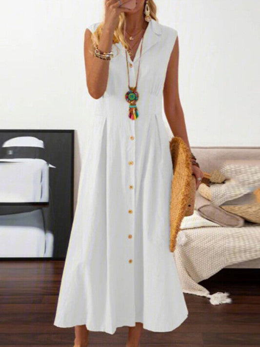Cotton Linen Collar Button-Up Maxi Midi Shirt Dress Maxi Dresses - Chuzko Women Clothing