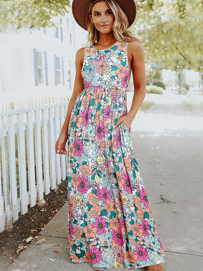 Floral Maxi Dress: Casual Style, High Waist, A-line Silhouette, Pockets Dress - Chuzko Women Clothing