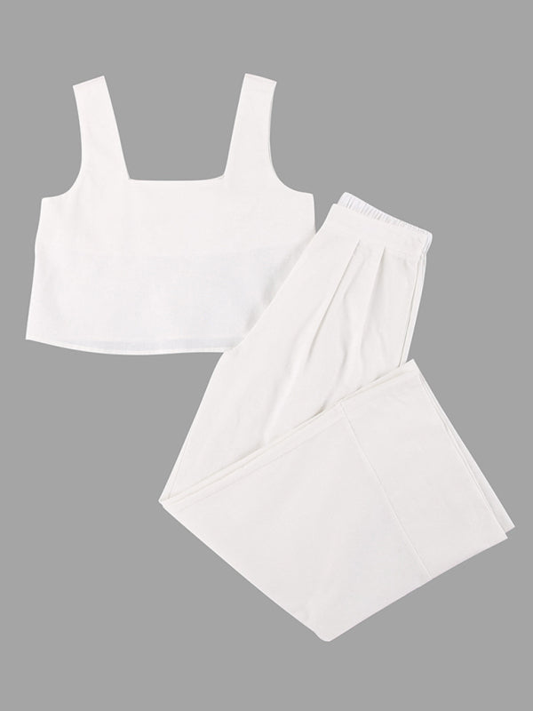 Women's Casual Cotton Set - Vest + Elastic Waist Wide-leg Trousers Casual Set (Top + Trousers) - Chuzko Women Clothing