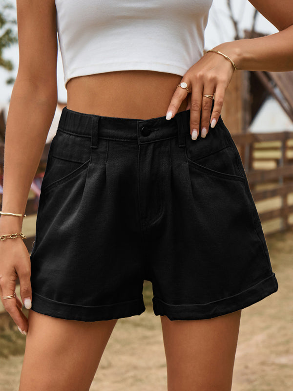 Cotton Denim High Rise Shorts with Elastic Waistband Shorts - Chuzko Women Clothing