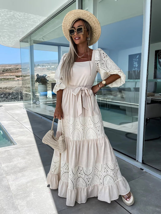 Vacation Maxi Dress: Square Neck, Crochet Lace Patchwork, Ankle-Length Maxi Dress - Chuzko Women Clothing