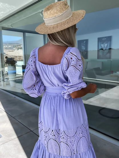 Vacation Maxi Dress: Square Neck, Crochet Lace Patchwork, Ankle-Length Maxi Dress - Chuzko Women Clothing