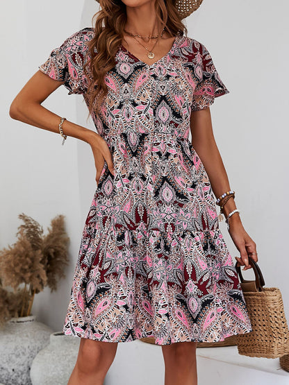 Flowy Paisley Mini Dress: V Neck, High Waist, Short Sleeves Mini Dresses - Chuzko Women Clothing