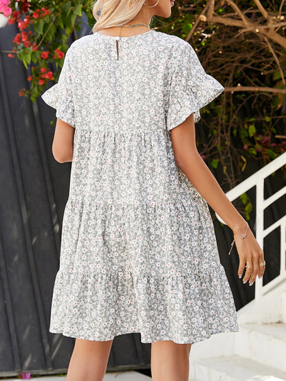 Floral Flounce Sleeves Dress: Retro-Inspired, Tiered Design Mini Dresses - Chuzko Women Clothing