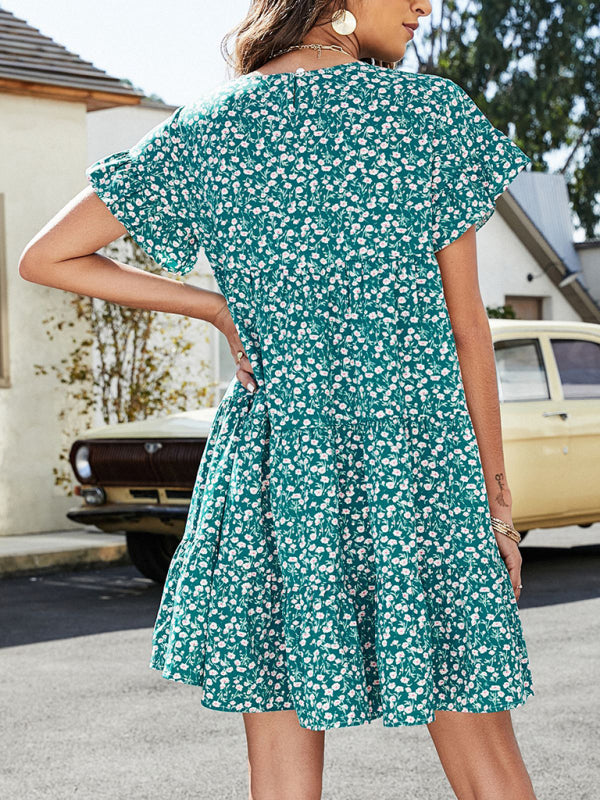 Floral Flounce Sleeves Dress: Retro-Inspired, Tiered Design Mini Dresses - Chuzko Women Clothing