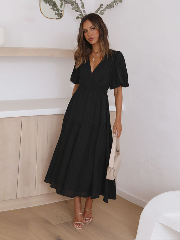 Solid Tiered Florwy Surplice V-Neck Maxi Dress with Puff Sleeves Dress - Chuzko Women Clothing