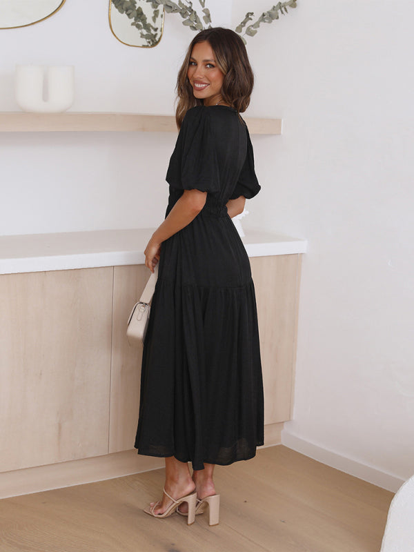 Solid Tiered Florwy Surplice V-Neck Maxi Dress with Puff Sleeves Dress - Chuzko Women Clothing