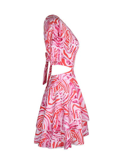 Abstract Print Puff Sleeves Open Back Dress Dress - Chuzko Women Clothing