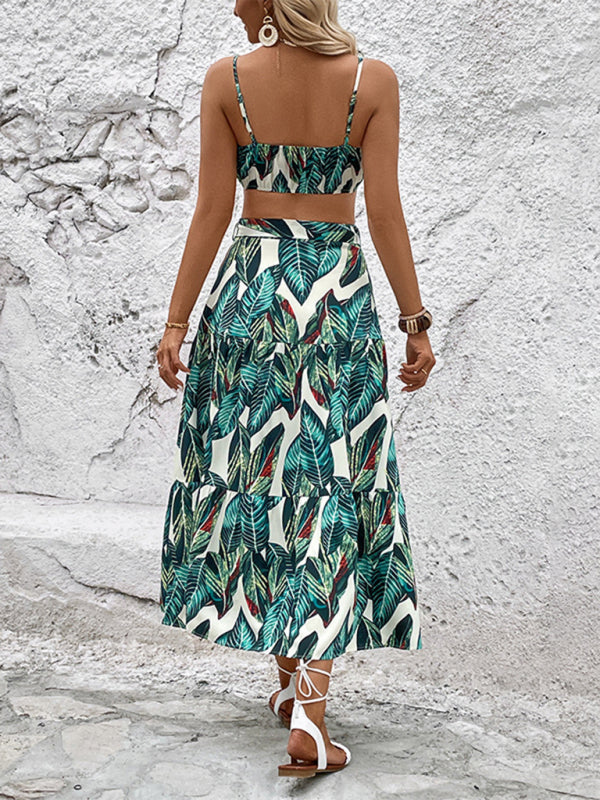 Boho Vibes: Vacation Set - Cami Tank Crop + Maxi Tropical Skirt Skirt Set - Chuzko Women Clothing