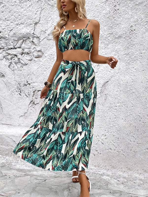 Boho Vibes: Vacation Set - Cami Tank Crop + Maxi Tropical Skirt Skirt Set - Chuzko Women Clothing