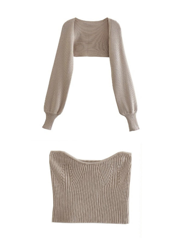 Women's Ribbed Knitted Bolero Cardigan Sweater - Two-Piece Set Cardigan + Top - Chuzko Women Clothing