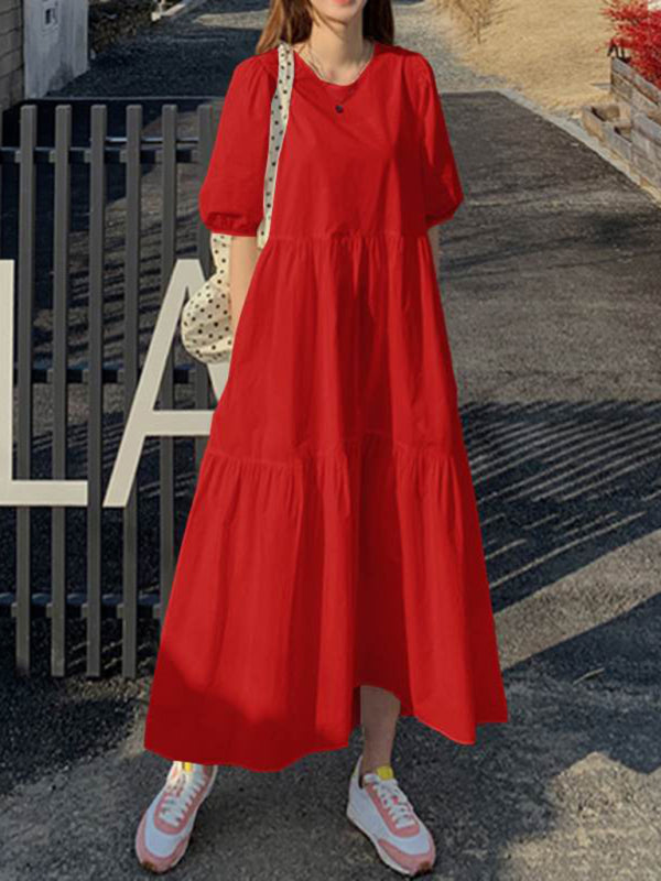 Casual Loose Maxi Tunic Dress: Half Puff Sleeves, Tiered Skirt, Pockets Dress - Chuzko Women Clothing