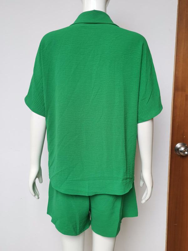 Summer Outfit Casual Set Lapel Shirt + Elastic Waist Short Shorts Set - Chuzko Women Clothing
