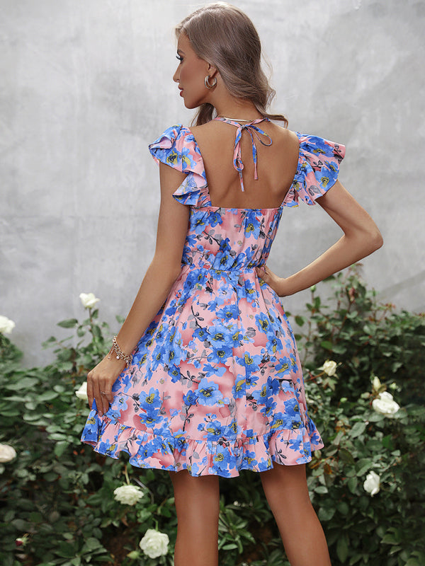 Timeless Vacation Style V-neck Floral Mini Dress with Square Open Back Mini Dresses - Chuzko Women Clothing