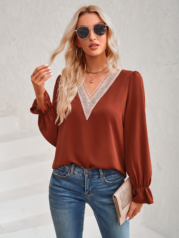 Solid Long Sleeve Lace V-Neck Blouse Top Top - Chuzko Women Clothing