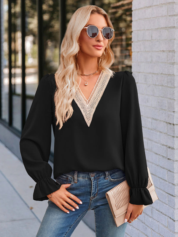 Solid Long Sleeve Lace V-Neck Blouse Top Top - Chuzko Women Clothing