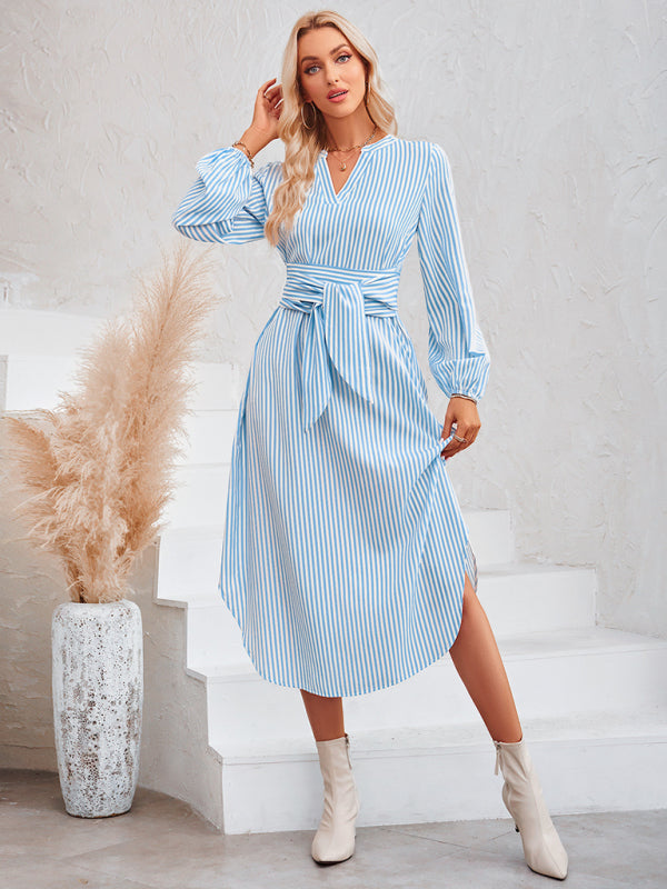 Women's Casual Belted Stripy Midi Dress - For any occasion! Dress - Chuzko Women Clothing